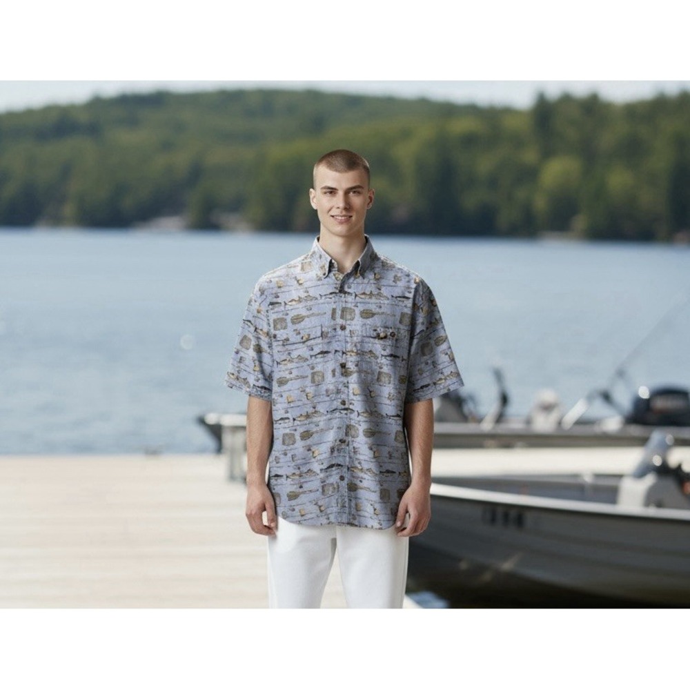 WOOLRICH John Rich Bros Men's Large Denim Fly Fishing Lure Button Up Camp Shirt‎ - Picture 11 of 11